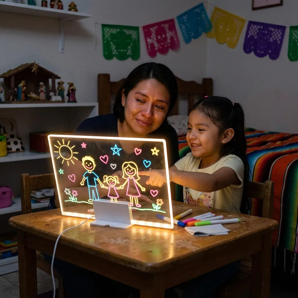 Mamá e hija viendo el dibujo de familia que brilla