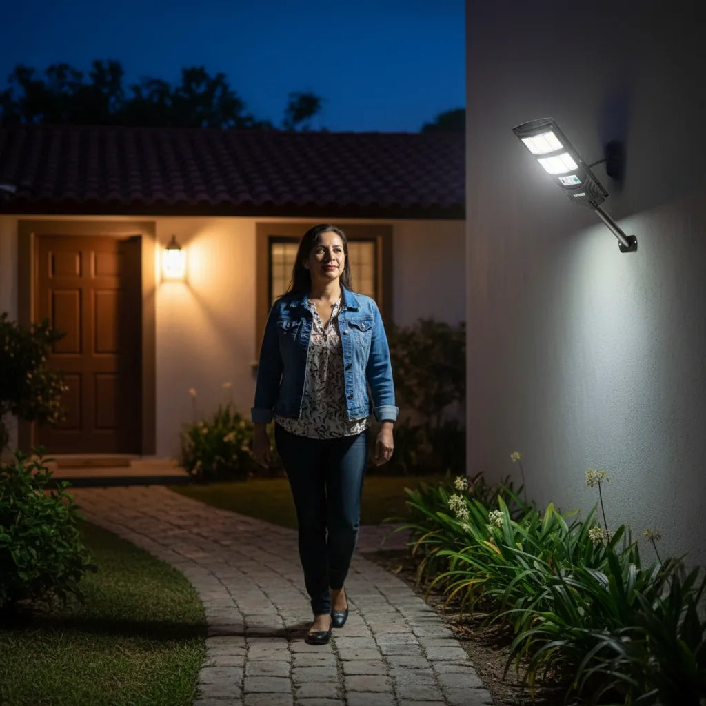 Lámpara Solar 2x1 - mujer llegando a casa de noche con entrada iluminada