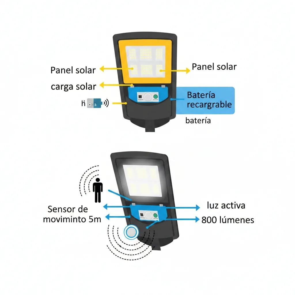 Lámpara Solar 2x1 - infografía panel solar y sensor de movimiento