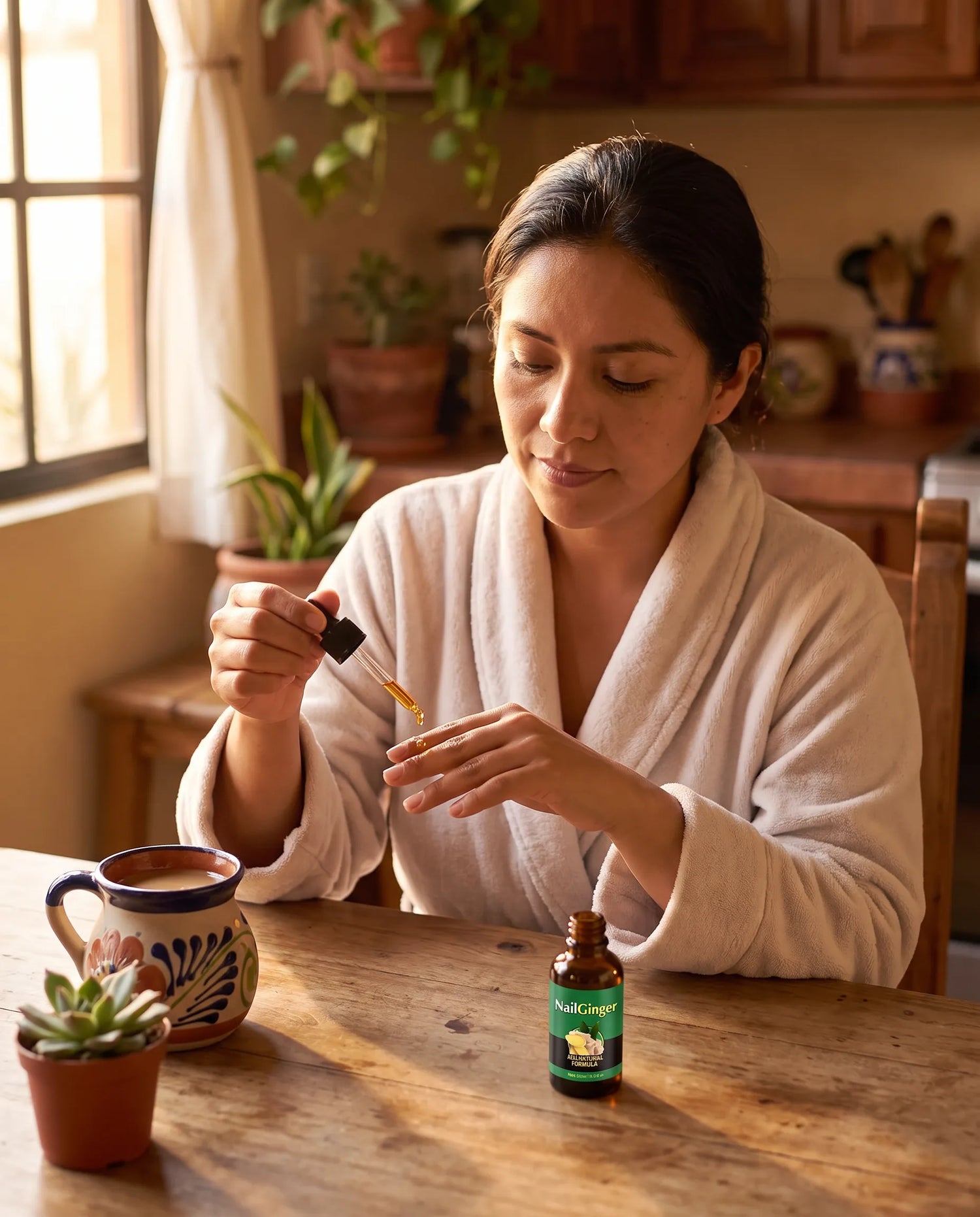 Mujer aplicando sérum NailGinger en casa