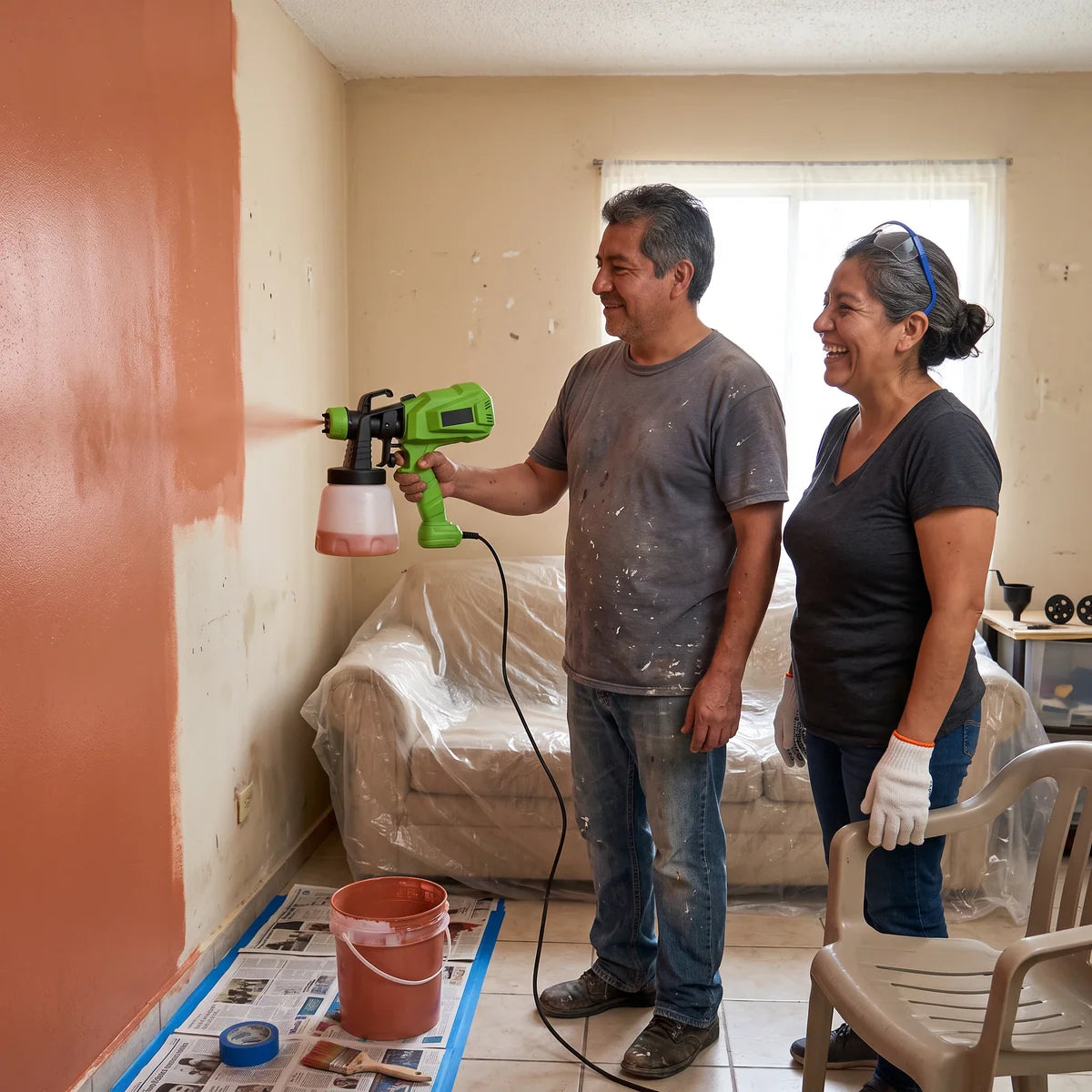 Pareja pintando la pared con PintaPro